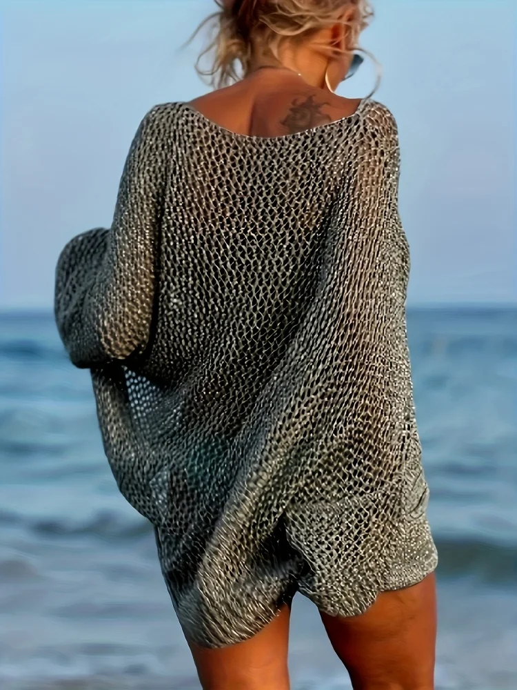 European and American Plus-Size Women's Vacation-Style Beach Shirt Cover-Up Sexy Hollow-Out Pocket Knit Top for Women image 2