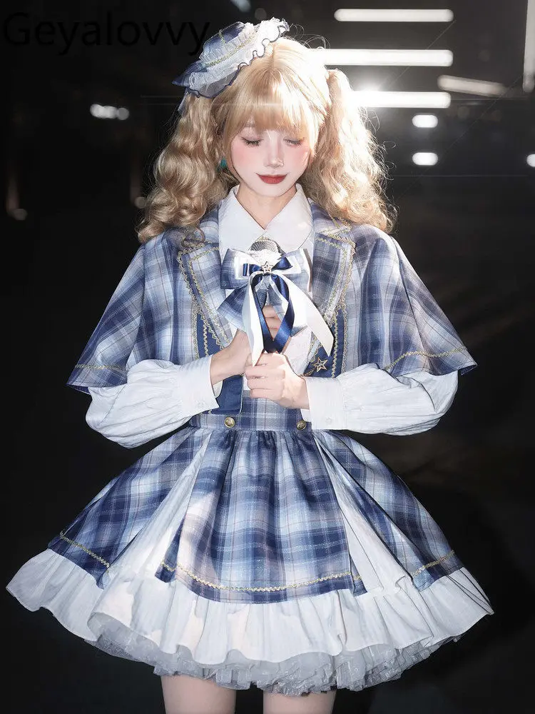 

Girls Sweet Lolita Outfit Casual Cape and Long Sleeve Shirt with Short Skirt Set Japanese 3 Piece Sets for Women Spring Autumn