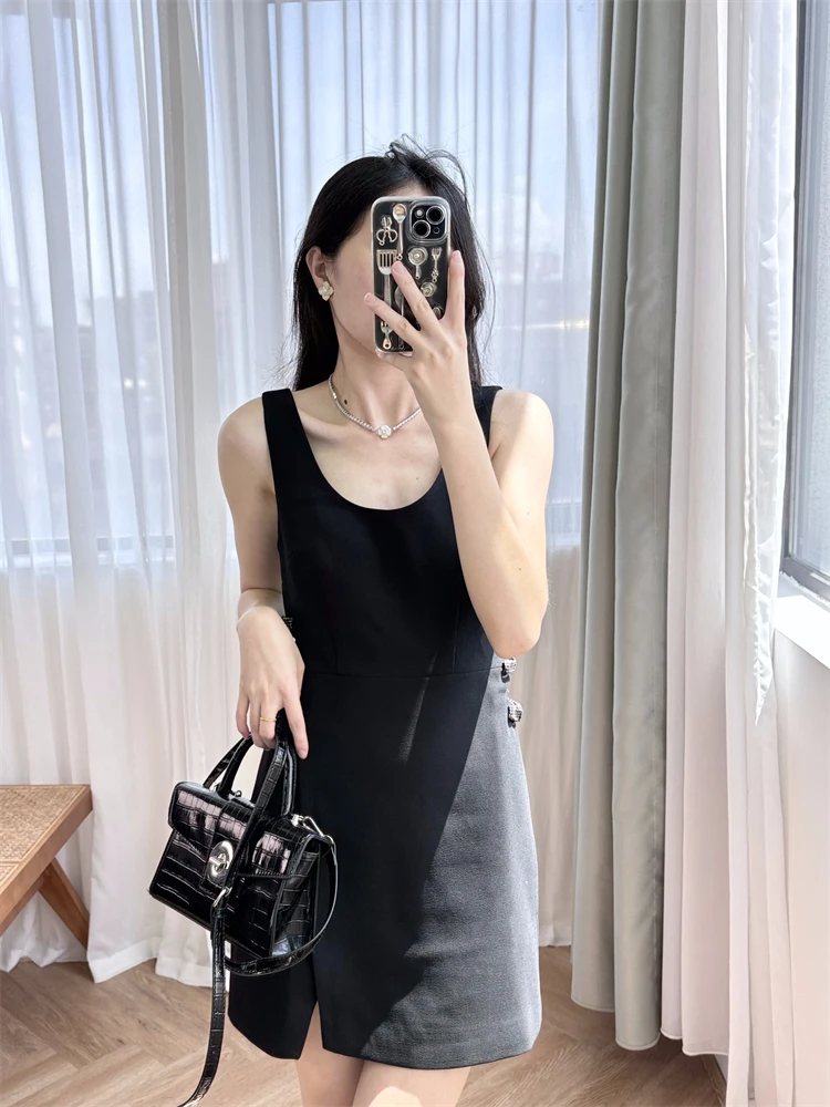 

New 2024 Summer Women Diamond Hollow Out Black Short Dress U-Neck Elegant High Street Chic Stunning Fashion Design Trendy Cool