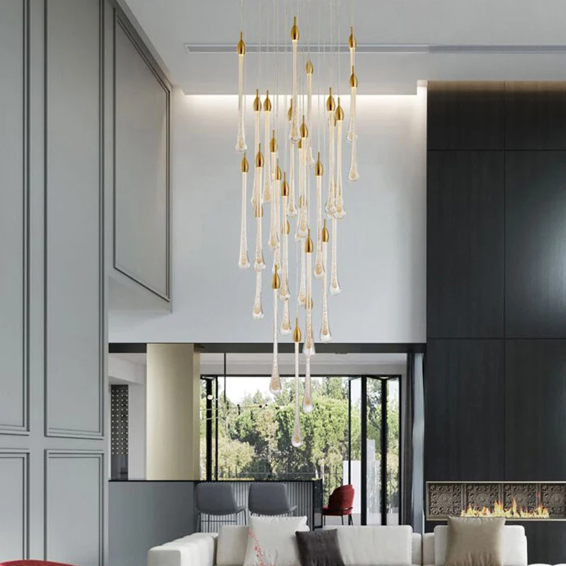 Luxury Modern Crystal Chandelier Water Drop Staircase Golden Drop Design Led Crystal Lamp Long Villa Lobby Hanging Lighting Fixt