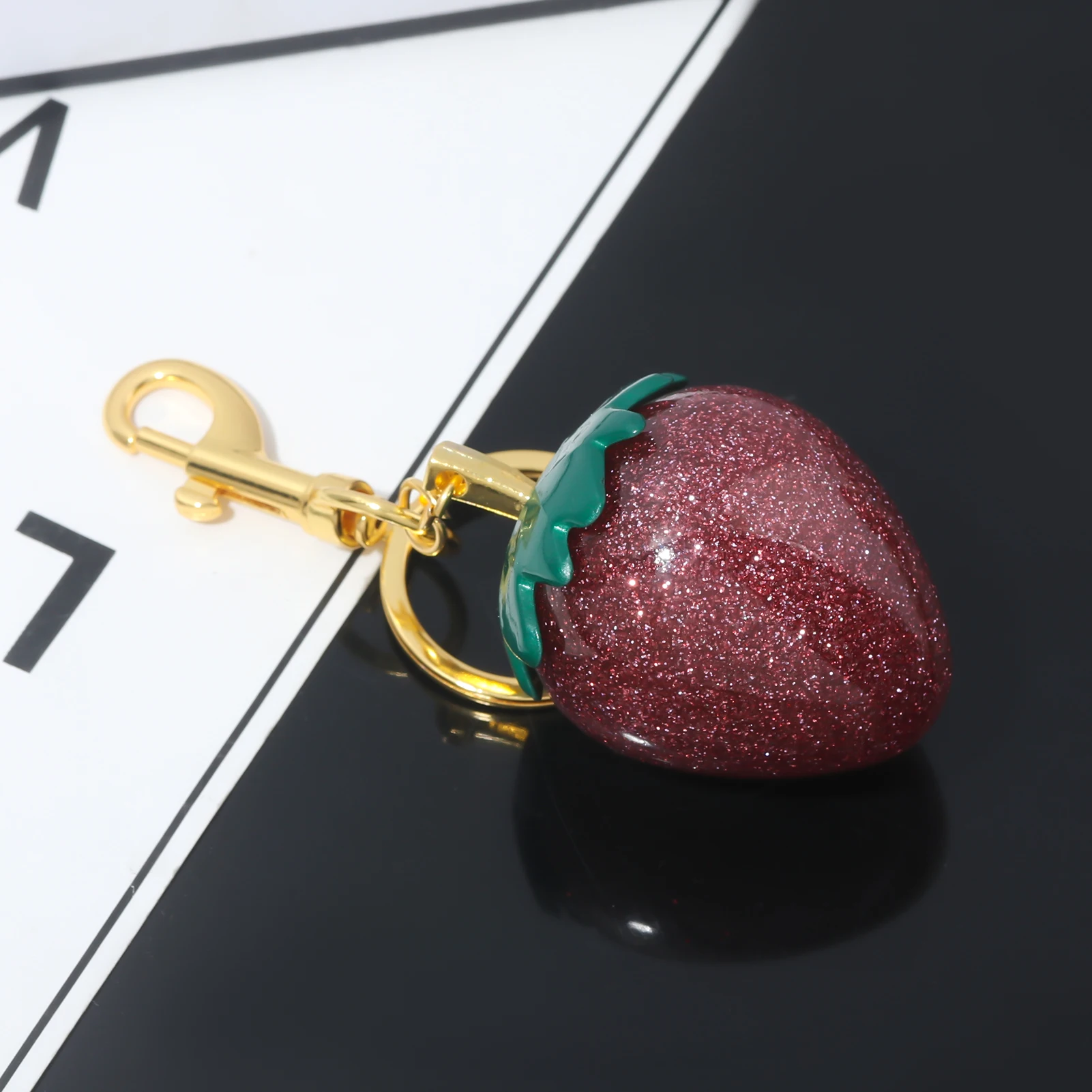 Glitter Strawberry Bag Charm Keychain Exquisite Red Crystal Cherry Apple Key Chain for Women Bag Purse Pendant Accessories Gift view 5