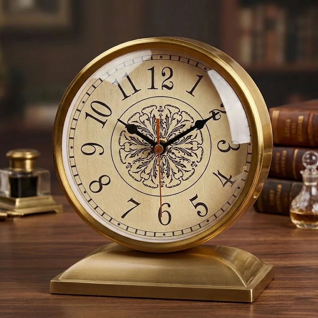 Luxury Brass Silent Table Clock Nordic Vintage Desk Clock with Premium Quiet Movement Decorative Clock for Living Room Office