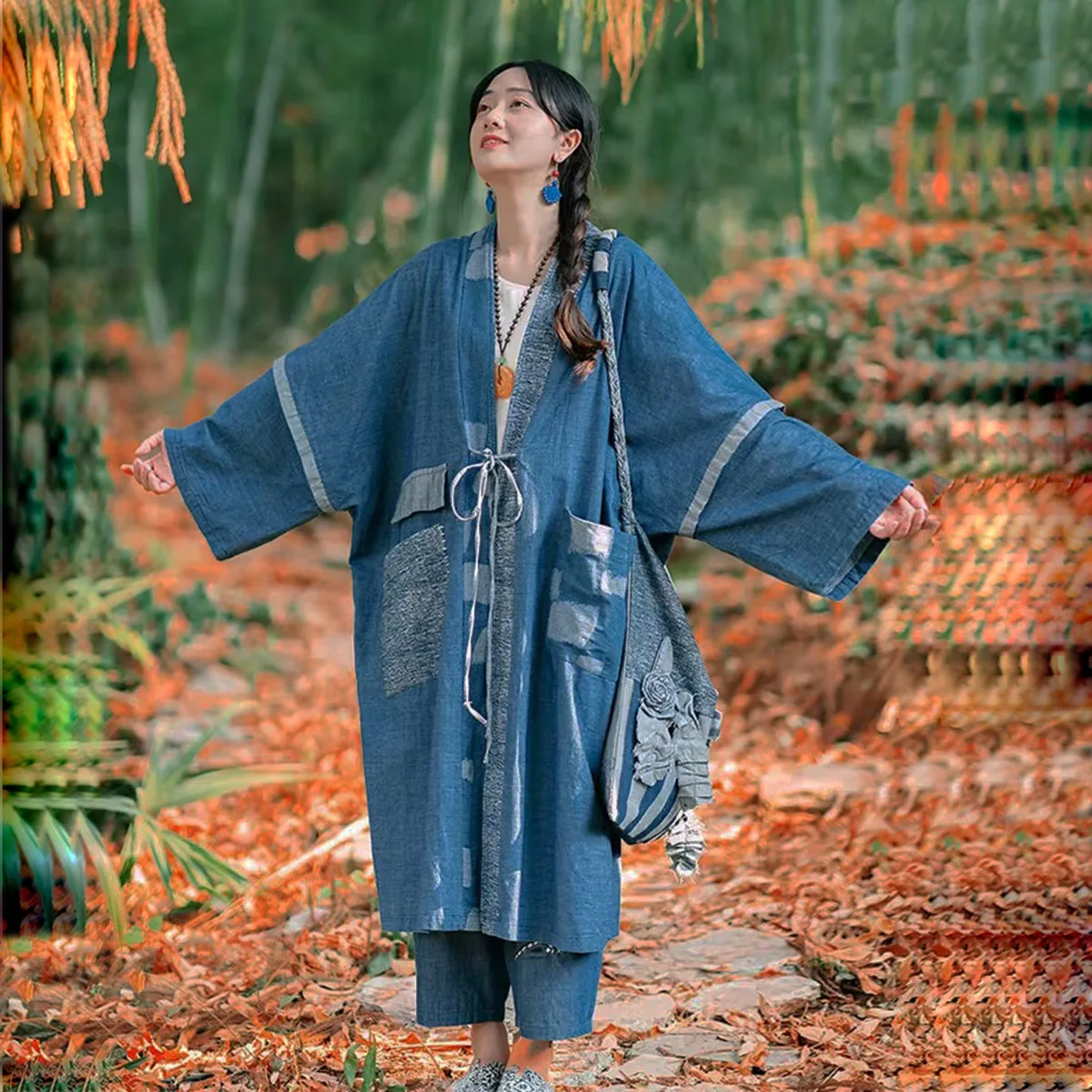 

Womens Pure Cotton Denim Hanfu Kimono Jacket Autumn Patchwork Tie Up Retro Loose Plus-Size Open Front Trench Coat Long Outerwear