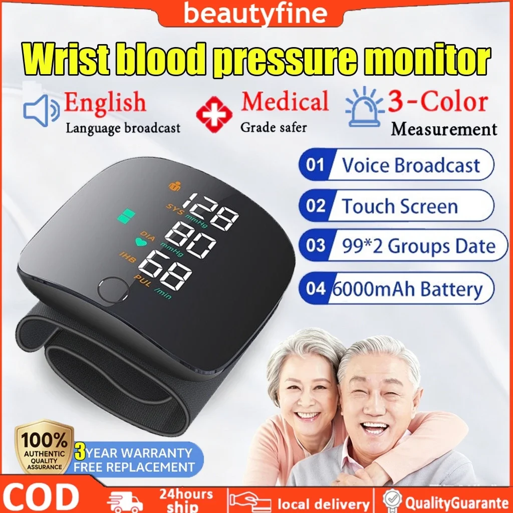 Monitor de pressão arterial de pulso, medidor digital automático de pressão arterial com voz, frequência cardíaca, tela lcd inteligente, esfigmomanômetro