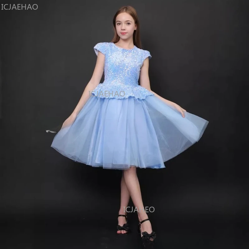 Blue Puff Sleeve Princess Gown Dress Girls Birthday First Year Celebration Host Pageant New Year Party Formal Evening Costume