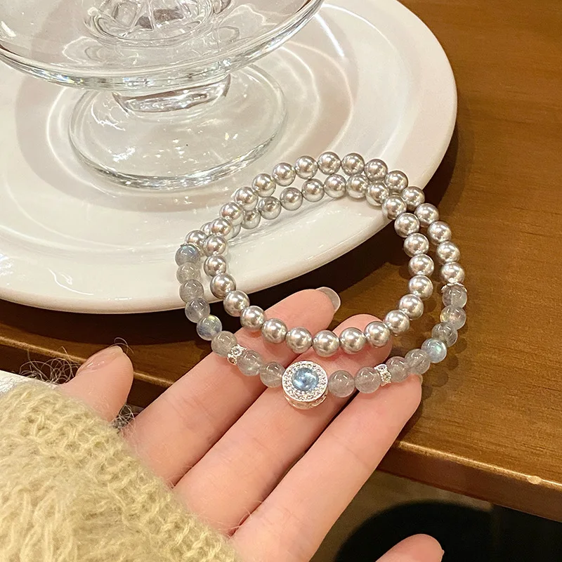 Chinese Style Lucky Blessing Strawberry Quartz Grey Moonstone Shell Pearl Double Layer Bracelet Vintage Elegant Jewelry For Wome