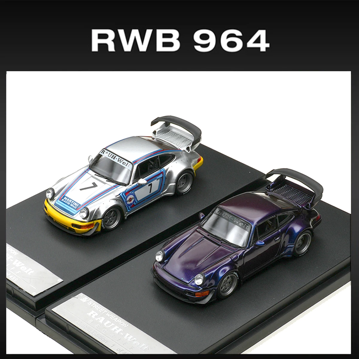 

Модель автомобиля-диорама SW 1:64 RWB 964, матовое серебро с градиентом фиолетового, литая, коллекционная игрушка, в наличии