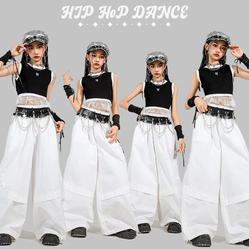 

Kpop Одежда в стиле хип-хоп для девочек, кружевные топы для джазовых танцев, белые брюки в стиле хип-хоп, одежда для джазовых тренировок, комплект одежды для групповых выступлений BL16350