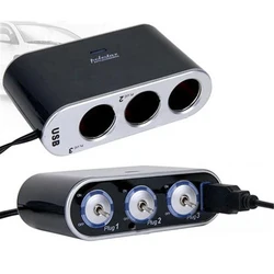 3 Way Triple Car Cigarette Lighter Socket Splitter LED Light Switch 12V-24V USB Auto Car Charger Socket Power Adapter