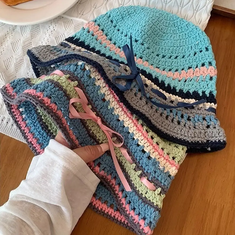 

Ins Handmade Knitted Bucket Hats Y2k Spring Summer Hollow Basin Cap Bow Ribbon Sweet Weave Hats Outdoor