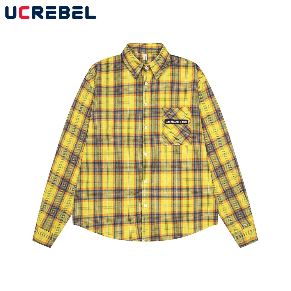 Letter Embroidery Plaid Shirts Mens Pocket High Street Autumn Lapel Long Sleeve Single Breasted Curved Hem Shirts Men