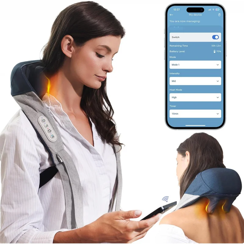 Shiatsu Neck and Back Massager with Heat for Deep Tissue Pain Relief, Premium App Controlled Cordless