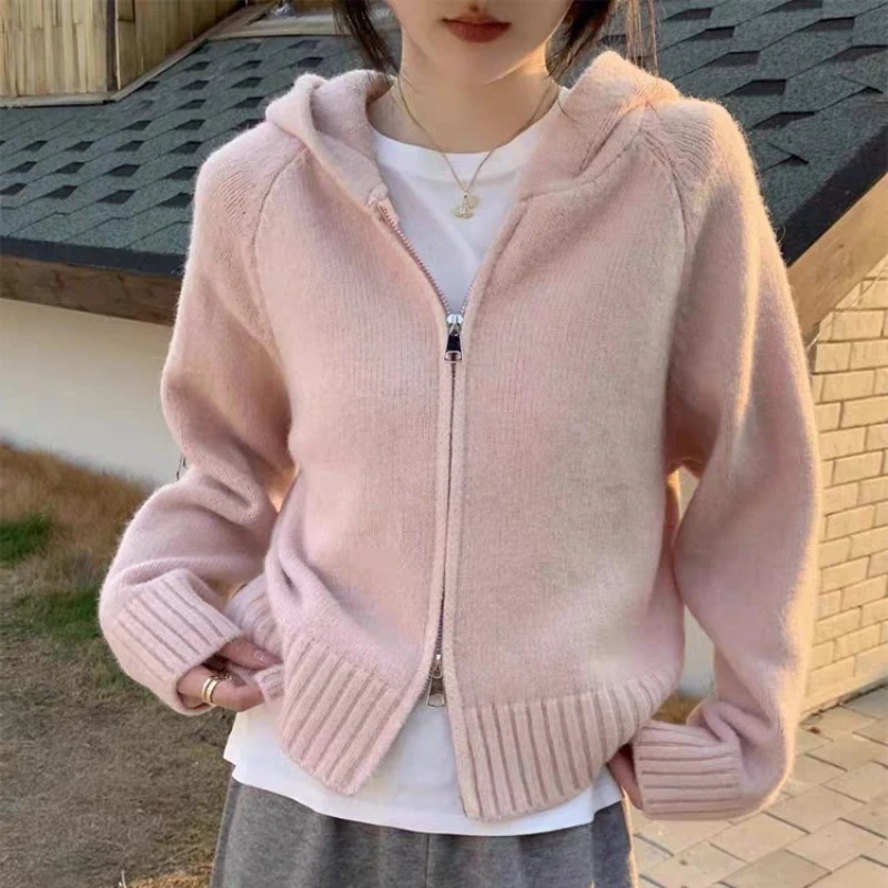 

New Fashion Double Zipper Hooded Knitted Cardigan Women's Long Sleeved Sweater 2025 Autumn and Winter Solid Color Straight Coat
