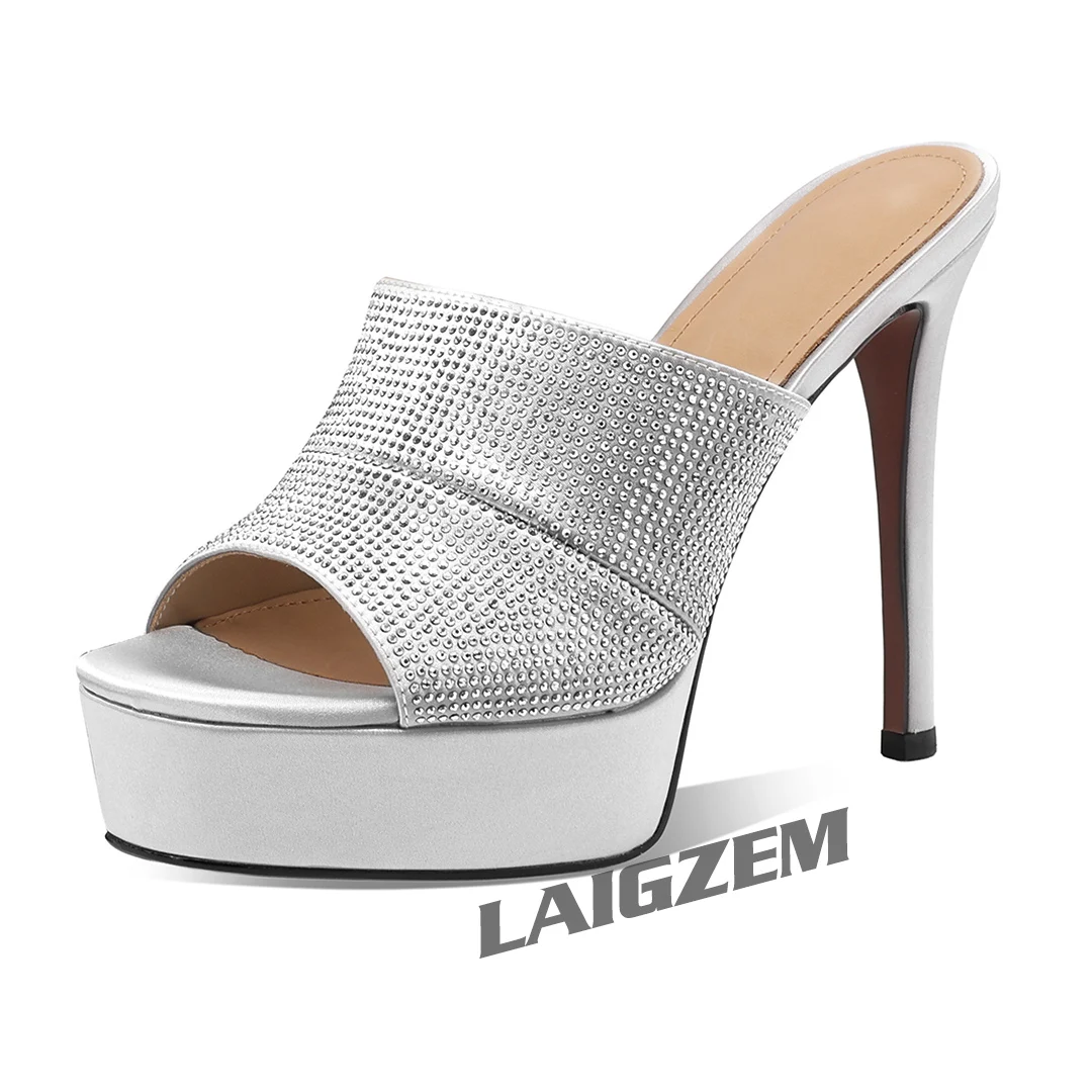 

Женские туфли-лодочки BERZIMER с открытым носком, блестящие мюли с кристаллами, на тонком высоком каблуке 12 см, ручной работы, размеры 33, 35, 38, 40