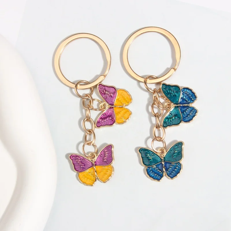 Creative Color-Blocked Metal Keychain with Two Butterfly Pendants Fresh and Sweet Perfect for Hanging on A Bag