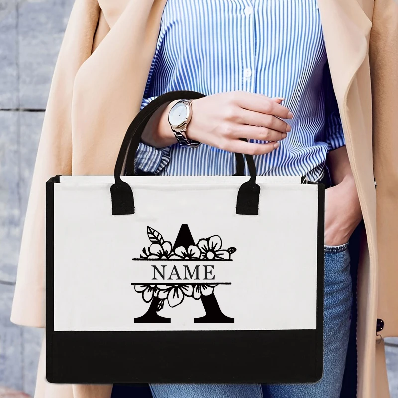 A-Z Flower Letters Custom Name Tote Bag Organizer Large Capacity Handbag Travel Storage Shoulder Bags Wedding Bride Sister Gift