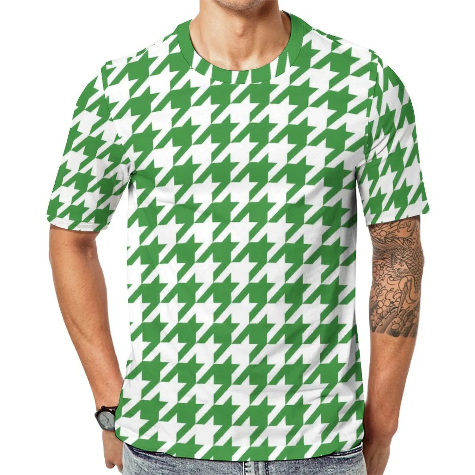 Plus Size T-Shirt Beach Green Houndstooth T-Shirts St Patricks Day Funny O-Neck Tee Shirt Men Trending Pattern Tees