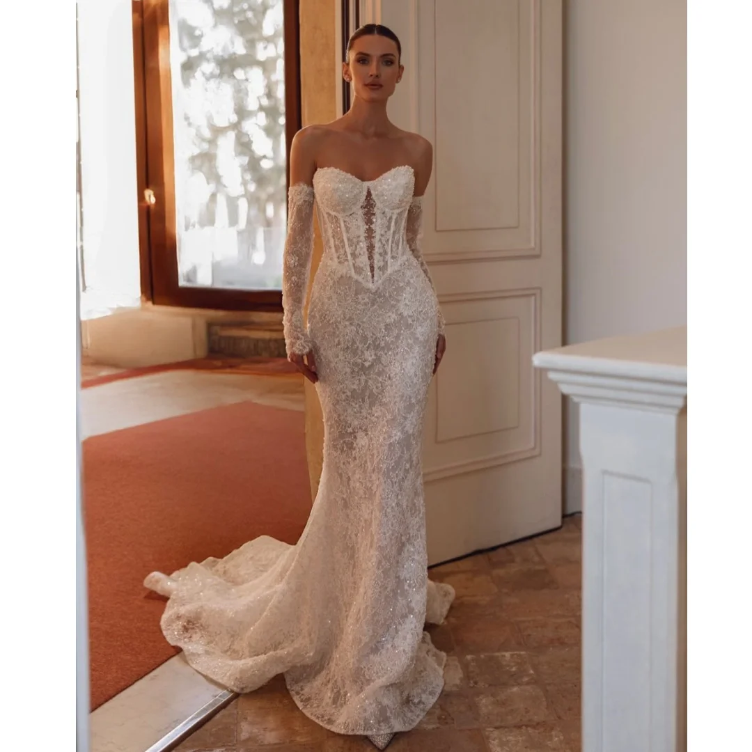 

Sparkly Mermaid Wedding Dresses Sweep Train Bride Dress Long Sleeves Lace Sequined Formal Party Gown robe de mariée Customized