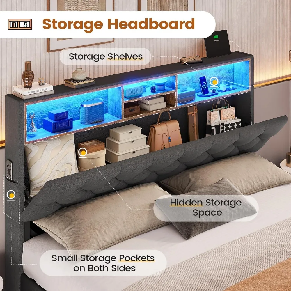 Bed, Queen Bed Frames with Headboard & 4 Drawers, LED Bed Frame Twin with Charging Station, Upholstered and Metal Queen Bed image 3
