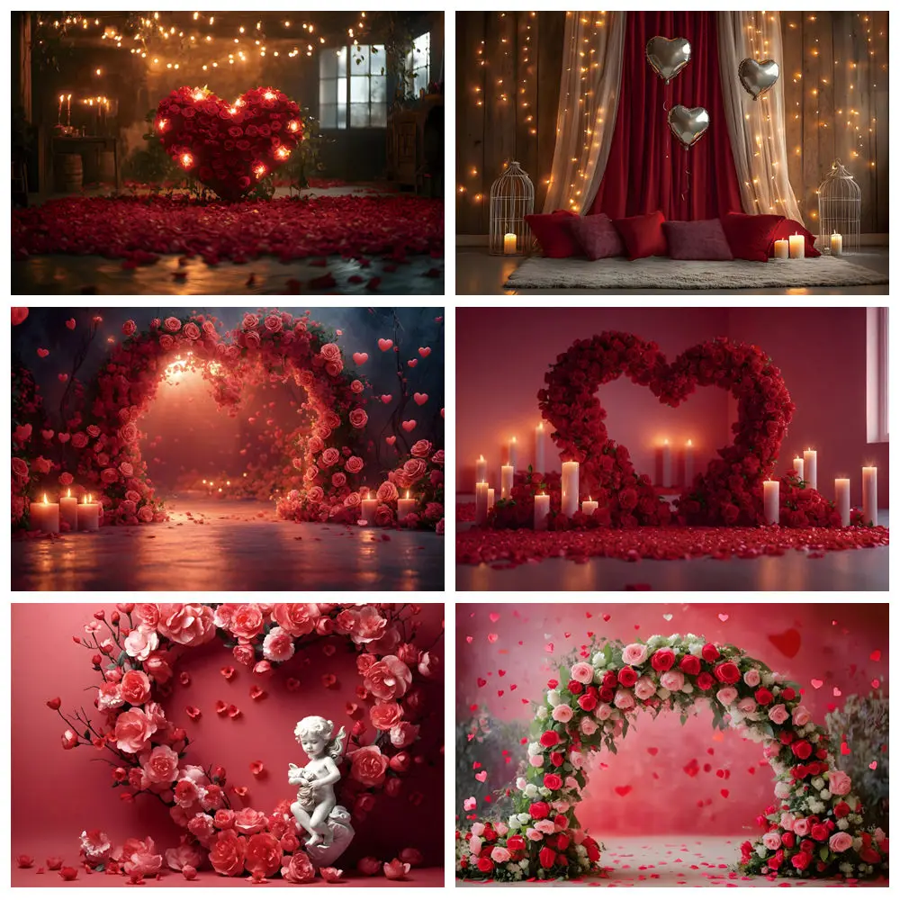 

Valentine's Day Photography Backdrops Red Rose Flowers Heart Arch Door February 14 Wedding Decor Background Photo Studio Props