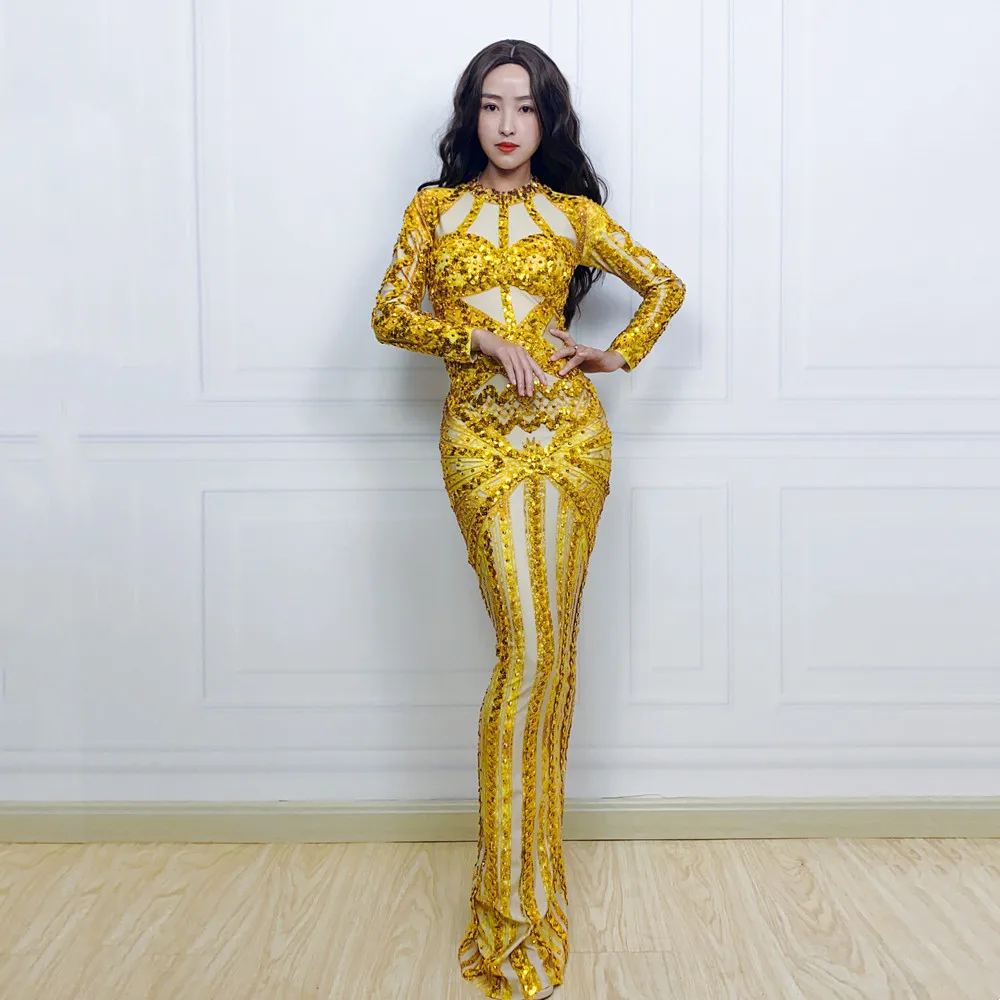 

Gold Sequins Stripes Bodycon Long Dress Women Model Singer Bar Banquet Birthday Party Evening Celebrate Performance Costume
