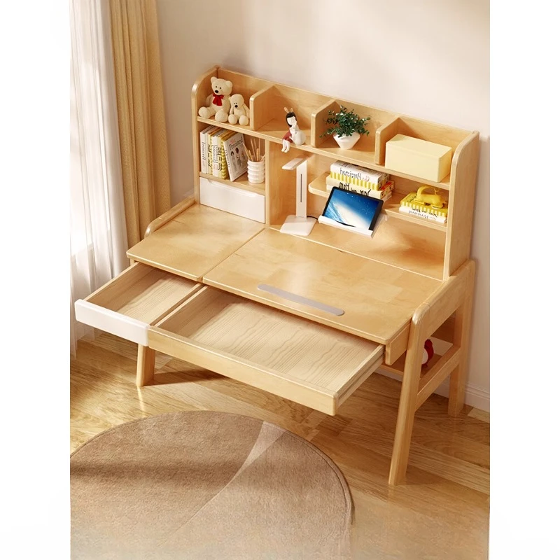 

Children's room: solid wood desk, bookshelf, chair combination, student and teenager, liftable log color writing desk