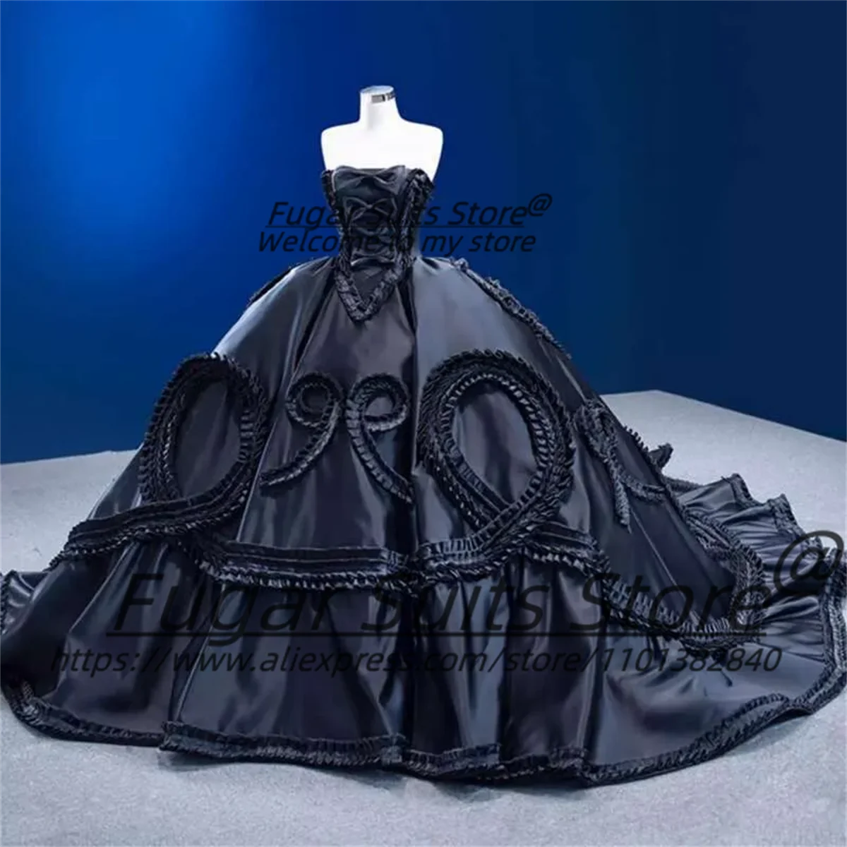 Saudi Arabic Gothic Luxuly Black Quinceanera Strapless Bow Big Ball Skirt Sweet 15 16 Girl Party Prom Gown Pageant Dress