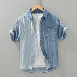 Cotton Casual Denim Shirts for Men Fashion Striped Patchwork Short Sleeve Shirt Man Loose Large Size Button-up Shirt