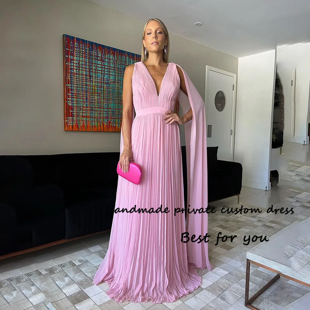 

Pink Chiffon Long Prom Dresses Sexy V Neck Women Formal Evening Dress with Cape Floor Length Party Gowns