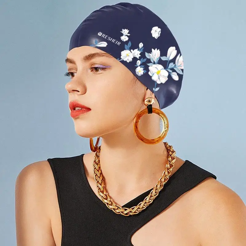 Women's Fashion Print Waterproof Silicone Swim Cap, No Choking Design, Long Hair Large Size, Professional Adult Swim Cap