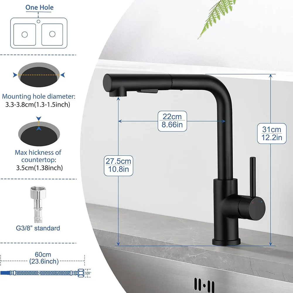 Schwarzer Küchenarmatur mit ausziehbarer Hochdruckdusche, 360° ° Schwenkbarer Mixer mit zwei Wasserstrahlmodi, Edelstahlmischer – Detail 3