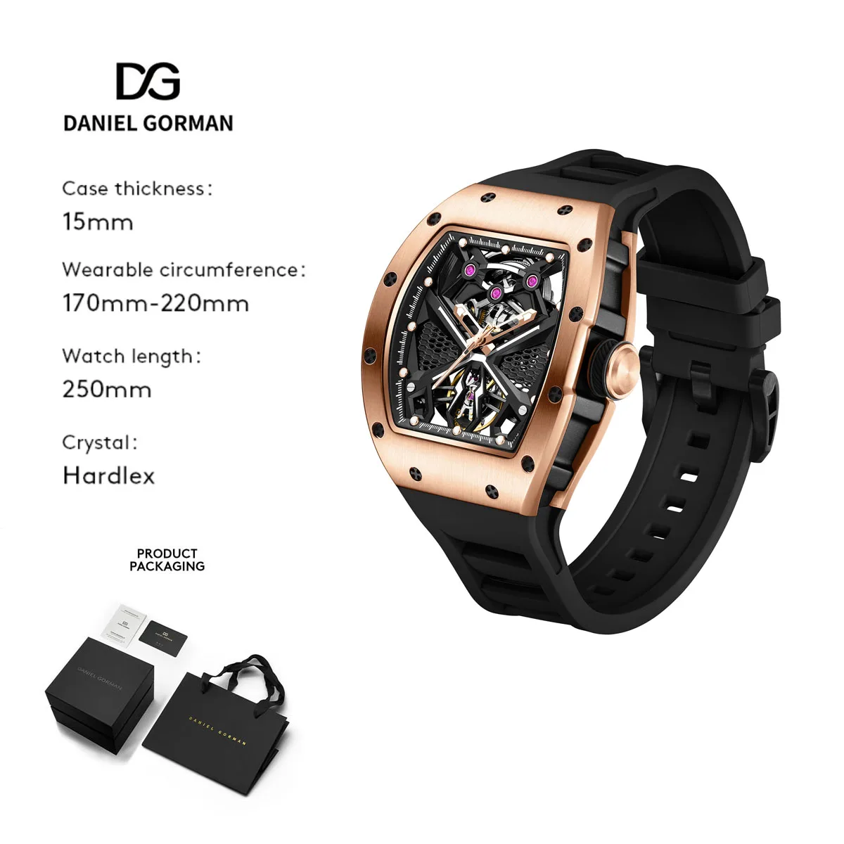 91904 Fashion Silver Steel Automatic Mechanical Watch Hollow Dial Waterproof Luminous Hip Hop High Quality Rubber Band