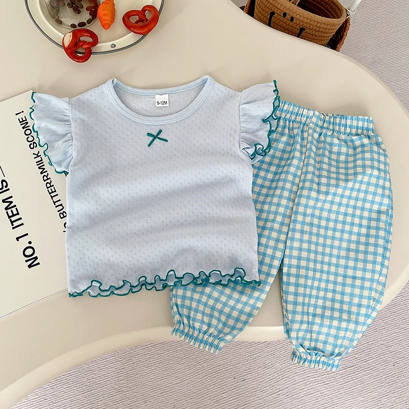 Baby Girls 2 Piece Clothing Set Cute Flutter Ruffle Sleeve Pointelle Knit Top Blue Gingham Plaid Jogger Pants Summer Breathable