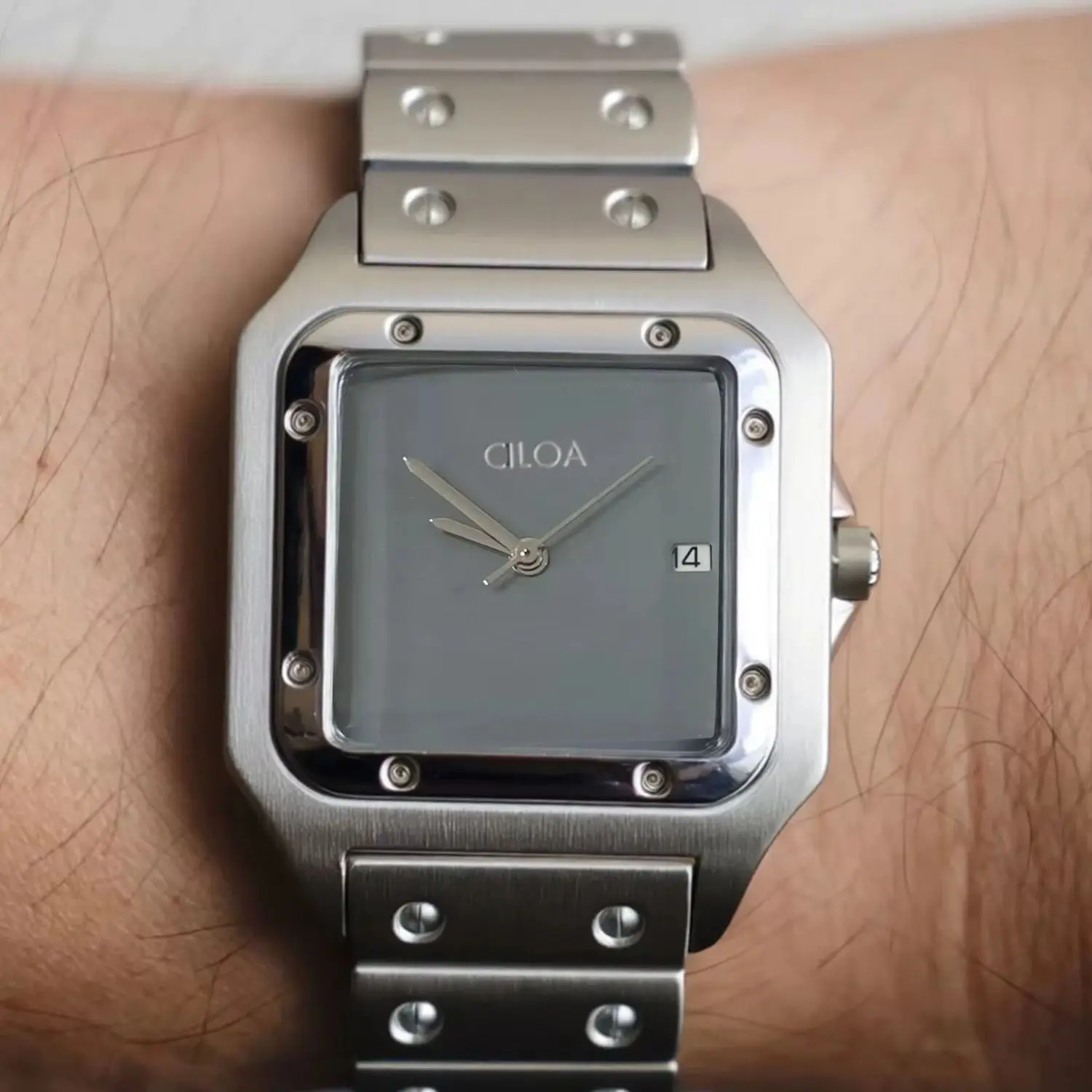 CILOA-Men Luxury Silver Watch Square Grey Dial Stainless Steel Strap Minimalist Screws Bezel Sports Quartz Wrist Watch-538