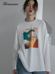 Hirsionsan Vintage Printed Long Sleeve T-shirt Women Loose 100% Cotton O-neck Tees Female Chic Aesthetic  Graphic Pullover 2023