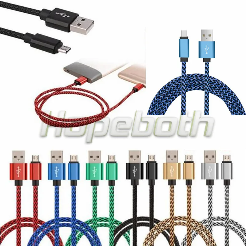 100Pcs 1M Metal Alloy Fabric Nylon Braided Micro Usb Cable Lead Charger Cord Accessory Bundles For Samsung Huawei Xiaomi Phone