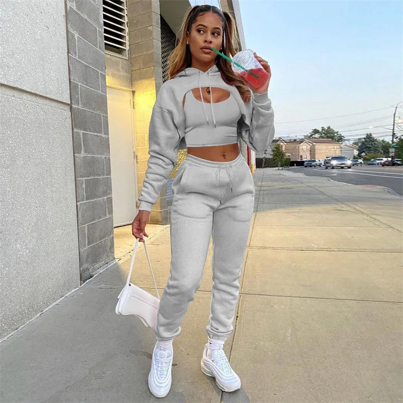 Velver Tracksuit Women 3 Piece Sets Autumn Winter Hooded Top + Vest + Drawstring Sweatpants Sport Suit Joggers Casual Outfits