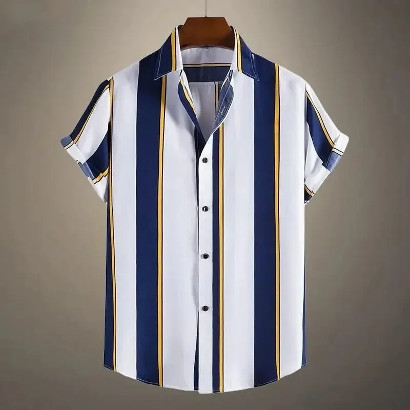 Camisa masculina manga curta listrada vintage, tops casuais diários, moda streetwear verão, roupas de negócios simples e versáteis, roupas masculinas