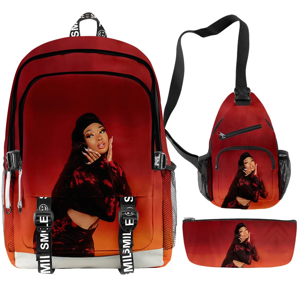 Cartoon Novelty megan thee stallion 3D Printed 3pcs/Set Student School Bags multifunction Travel Backpack Chest Bag Pencil Case