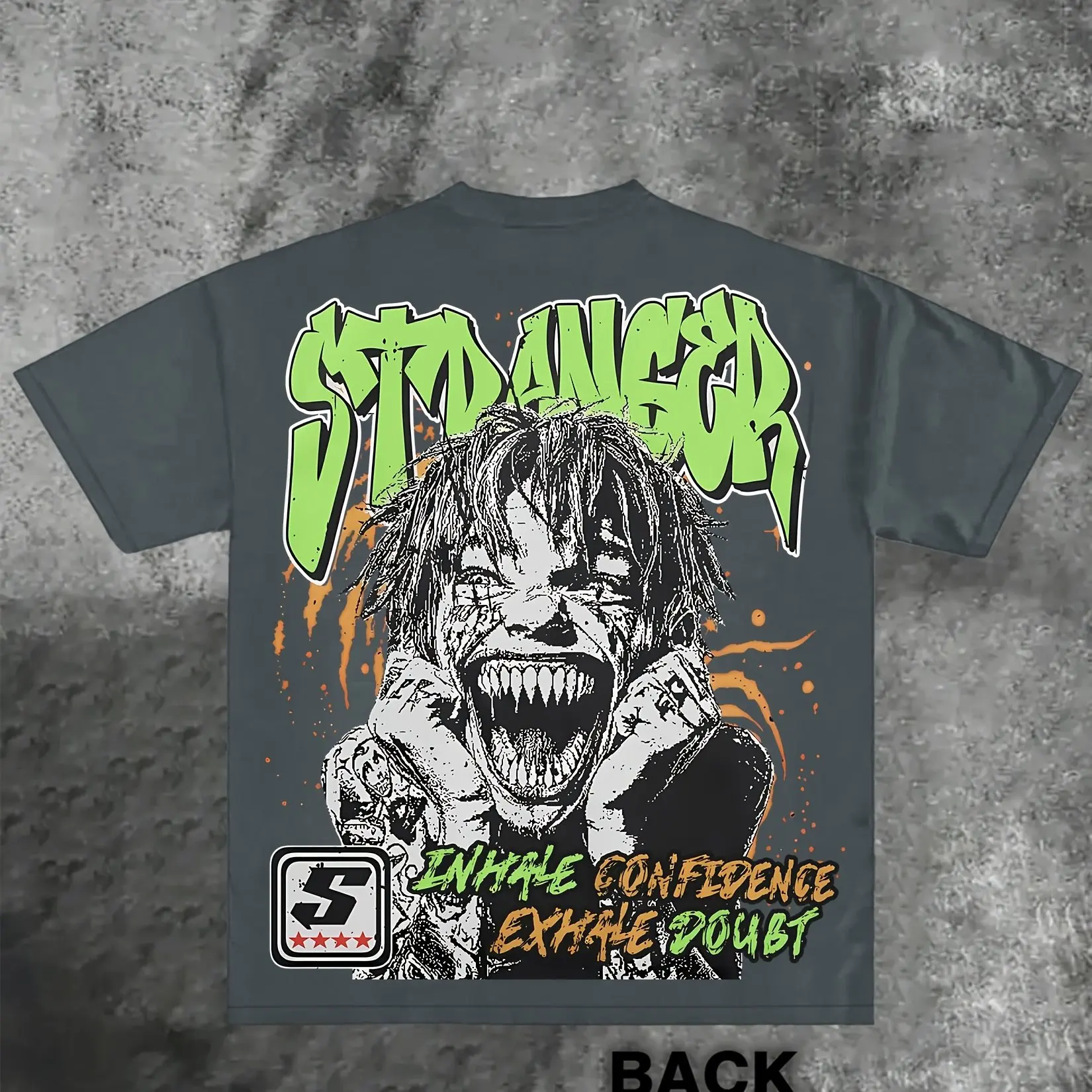 تي شيرت رجالي من القطن القديم، تصميم Crazy Stranger أزرق داكن مع تي شيرت كاجوال مزين باللون الأخضر النيون والبرتقالي