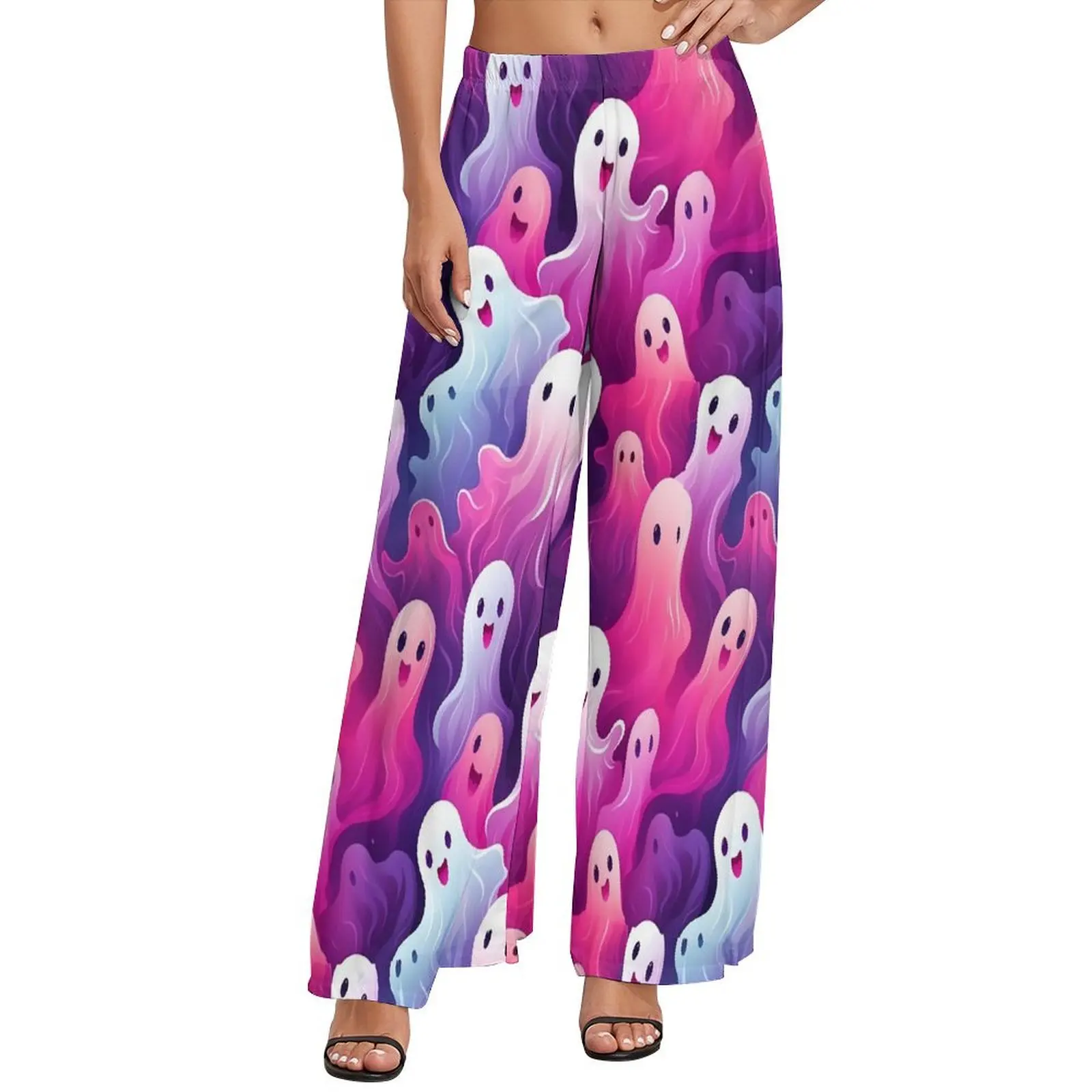 

Color Ghost Pants Pink And Purple Whimsical Streetwear Straight Wide Leg Pants Elastic High Waist Modern Trousers Big Size 6XL