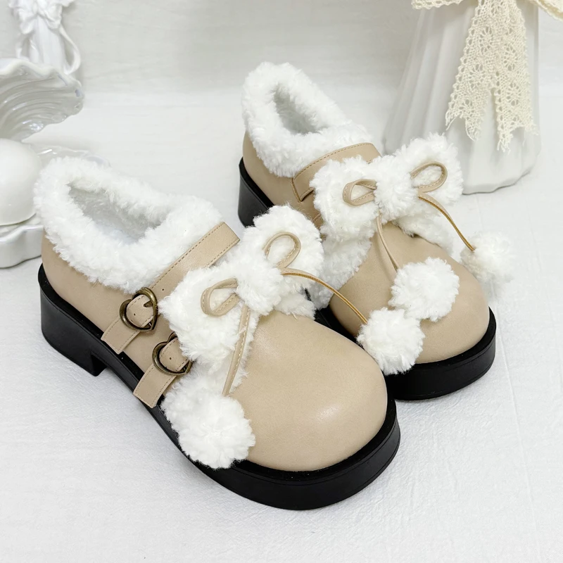 Japanese Girl Lolita Single Shoe Original Lolita Bow Mid Heel Round Toe Retro Sweet Fur And Velvet Cotton Single Shoe
