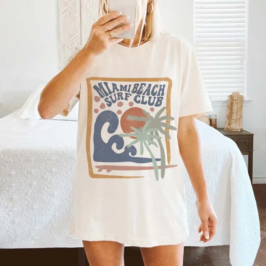 Palma z krótkim rękawem drukowana damska koszulka z falą plażową odzież z krótkim rękawem akwarelowym luźna koszulka damskim.