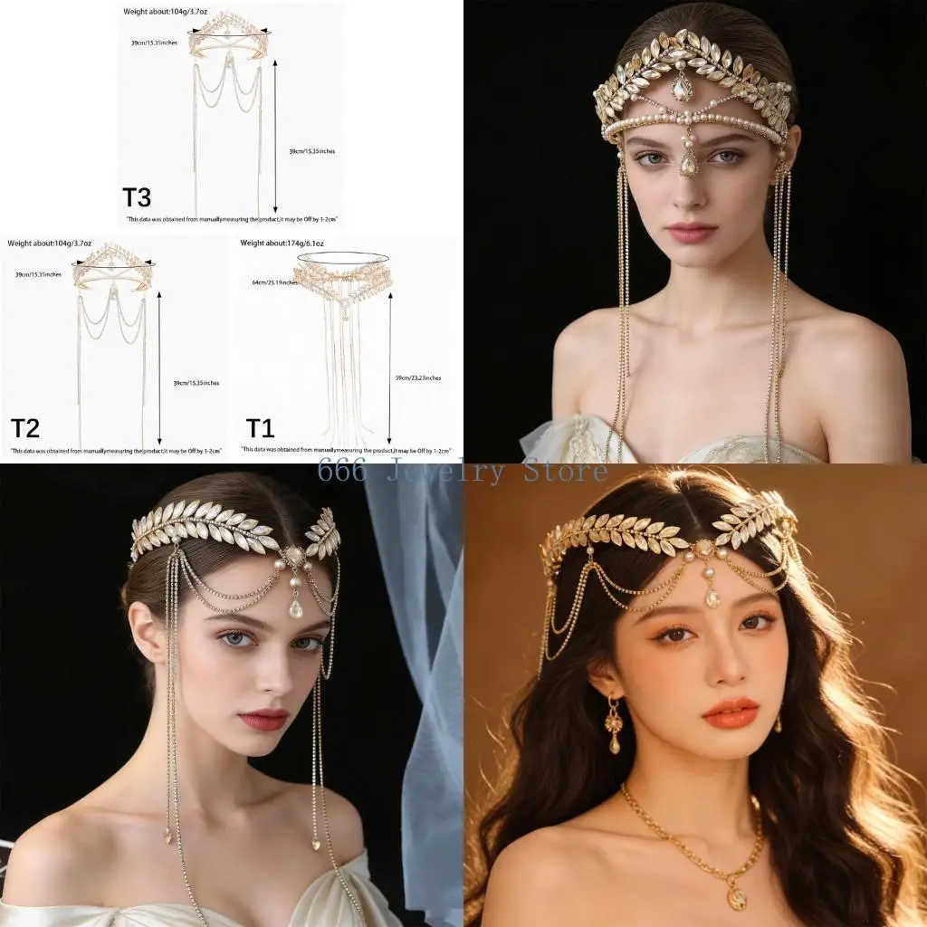 F2TD Elegantes goldenes Kristall-Strass-Stirnband mit Blatt-Design, Haarschmuck für Hochzeit, Braut, Party-Zubehör