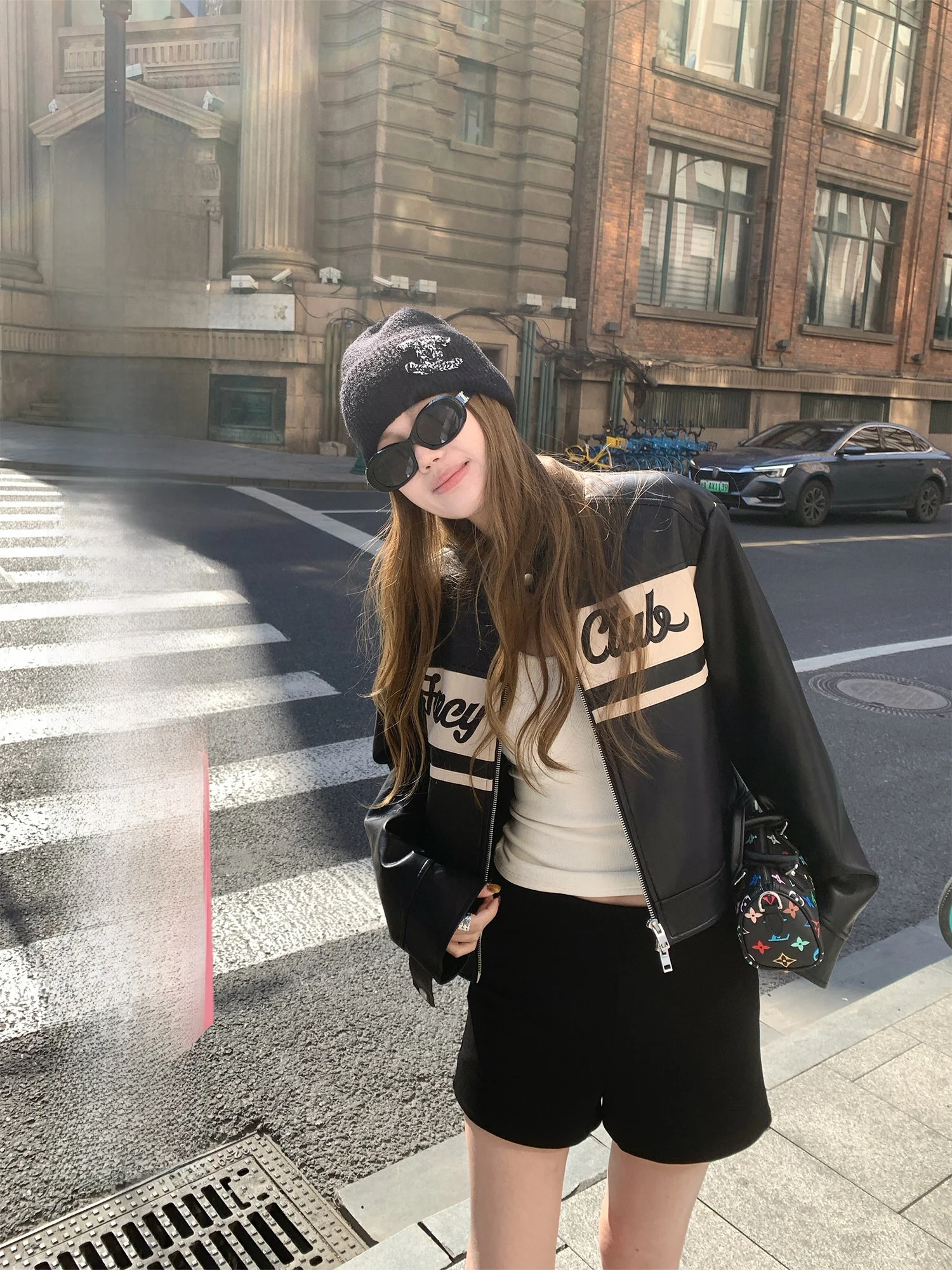 

Black Lettering Leather Jacket Women's Coat Casual Loose Fit Long Sleeve Zipper Closure Synthetic Leather Trendy 2026 Style