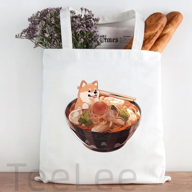 I Love Ramen Handbags Cute Panda Large Shoulder Handbag Cartoon Animal foldable shopping bag Canvas Girls Shopping School Bag