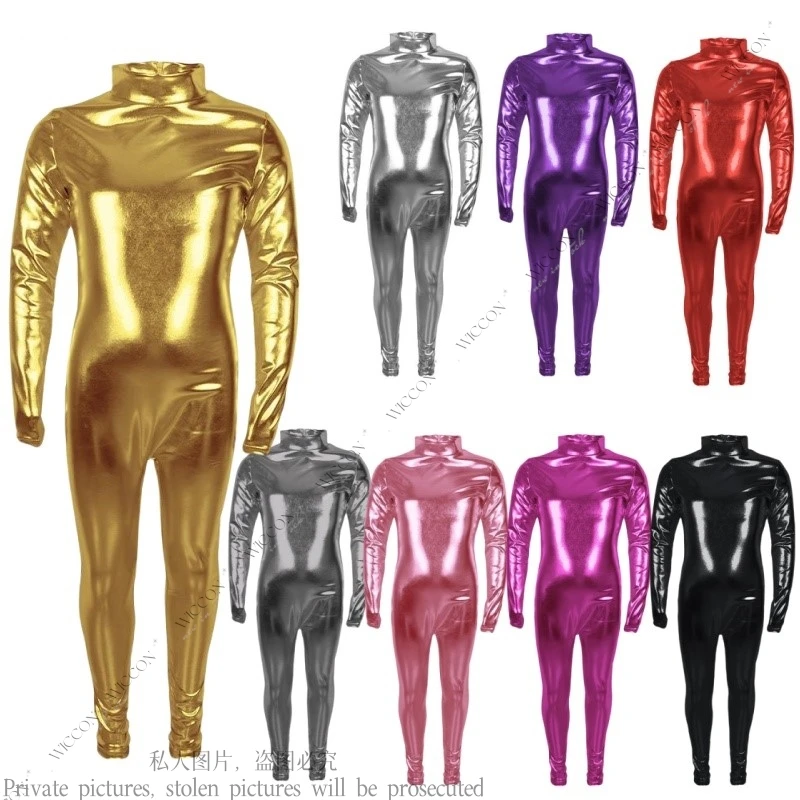 Halloween Cosplay Costumes Children Adult Bronzed Jumpsuit Patent Leather Gelcoat Full Body Stage Performance Costume 110-190