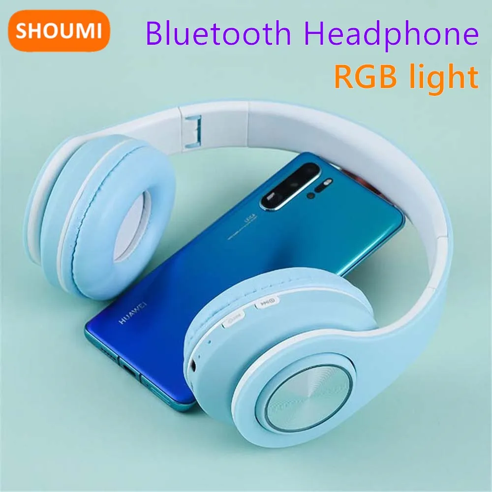 Shoumi 10 Hours Play Wireless Headphone Bluetooth Stereo Earphone Macaroon Headset RGB LED Support SD Card Mp3 Playback with Mic