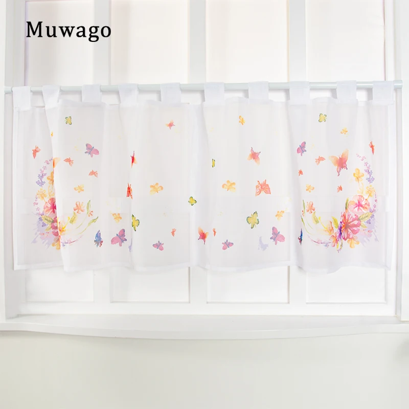 Muwago Rural Style Tulle Half Curtains Butterfly Flowers Printed For Kitchen Bookcase Dustproof Partition Cabinet Door Curtain