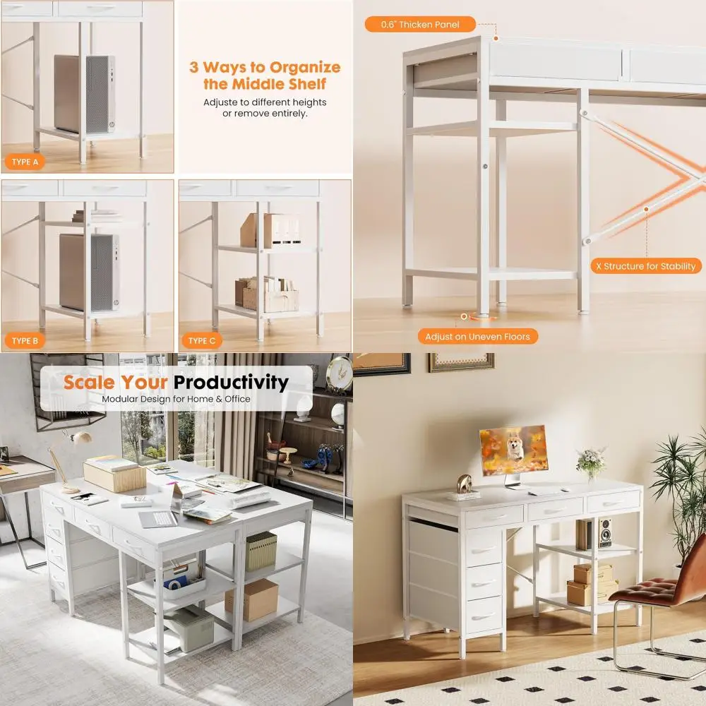 

47-дюймовый письменный стол с 6 ящиками, белый, для домашнего офиса, игр и хранения, подходит для спальни, гостиной и кабинета.